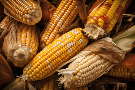 Dried corn on the cob background, top view, close upの写真素材