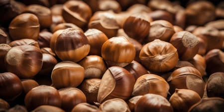 Close up of a heap of hazelnuts. Shallow depth of field.の写真素材