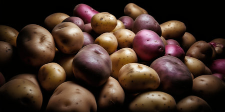 Potatoes on a black background. Close-up. Toned.の写真素材