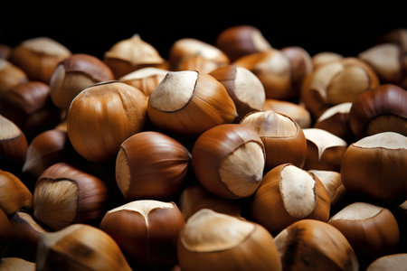 Hazelnuts on a black background. Shallow depth of field.の写真素材