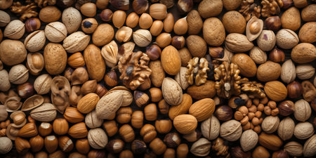 Nuts background. Collection of different nuts: hazelnuts, walnuts, pistachios, pecans, walnuts.の写真素材