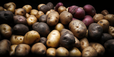 Potatoes and potatoes on a black background. Selective focus. Toned.の写真素材