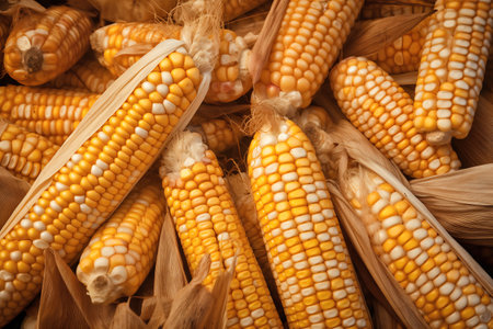 Ripe corn cobs for sale at farmers market, closeupの写真素材