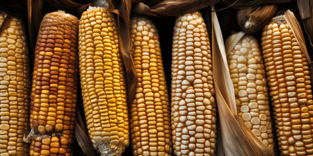 Ripe corn cobs in the market. Close up.の写真素材