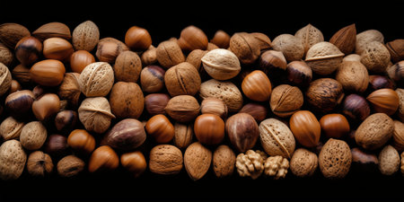 Nuts background. Nuts background. Hazelnuts, walnuts, hazelnuts, walnutsの写真素材
