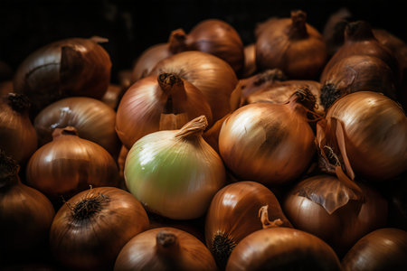Fresh onions on wooden background. Selective focus. Toned.の写真素材