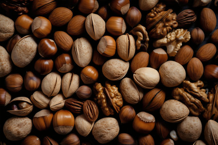 Variety of nuts background. Walnuts, pecans, hazelnuts, walnuts, pecan nuts.の写真素材
