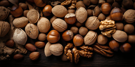 Different kinds of nuts on a wooden table. Nuts background.の写真素材