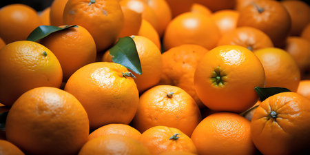 Close up of fresh tangerines on display at a fruit marketの写真素材