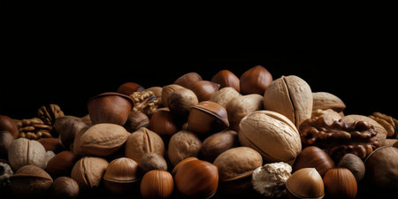 Different kinds of nuts on a black background. Walnuts, pecans, hazelnuts, walnuts, pecans.の写真素材