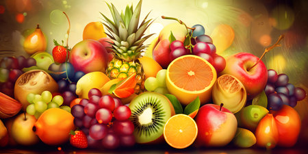 Fruit background. Healthy food. Colorful fruits on the table.の写真素材