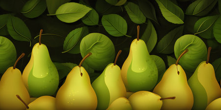 Green and yellow pears with leaves on dark background. Vector illustration.の写真素材