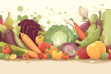 Vegetable background with fresh organic vegetables. Vector illustration in cartoon style.の写真素材