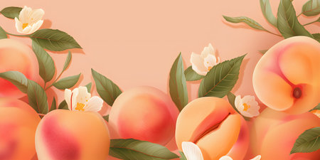 Banner with peaches and flowers on pastel background. Vector illustration.の写真素材