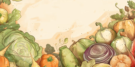 Vegetable background. Vector hand drawn illustration of fresh vegetables.の写真素材