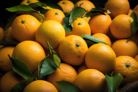 Fresh tangerines with green leaves. Selective focus. Toned.の写真素材