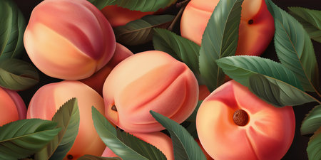 Peaches with leaves on a dark background. Top view. 3d illustrationの写真素材