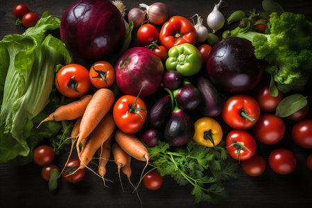 Fresh vegetables on black wooden background. Healthy food background. Top view.の写真素材