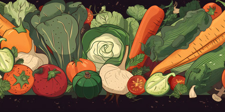 Vegetable background. Vector illustration of fresh vegetables in cartoon style.の写真素材