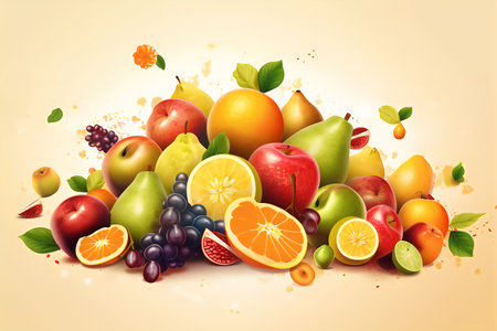 Fruit background with pear, apple, orange, grape, lemon, pearsの写真素材