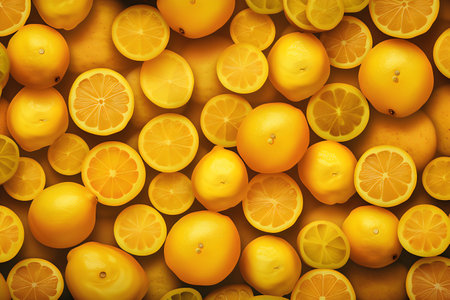 Fresh yellow lemons and tangerines background. Top view.の写真素材