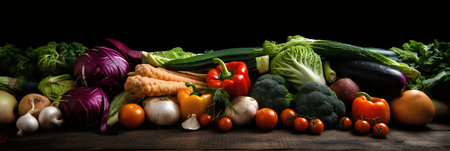 Composition with variety of raw organic vegetables on wooden table. Balanced dietの写真素材