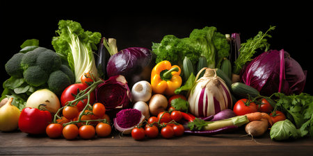 Composition with variety of raw organic vegetables on wooden table. Balanced dietの写真素材