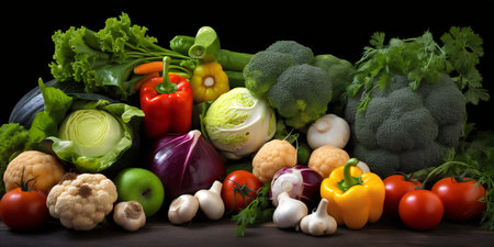 Composition with variety of raw organic vegetables on wooden table. Balanced dietの写真素材