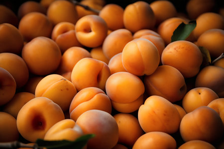 Ripe apricots in a basket on the counter in the marketの写真素材