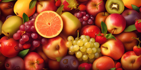 Fruit background. Colorful fresh fruit background. Top view.の写真素材