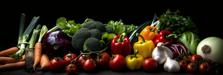 Variety of fresh organic vegetables on black background. Healthy food concept.の写真素材