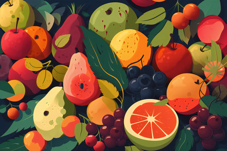Fruit background with berries and fruits. Vector illustration in cartoon styleの写真素材