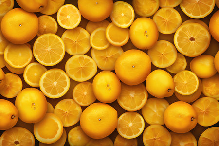 Citrus background. Yellow lemons and oranges. Top view.の写真素材