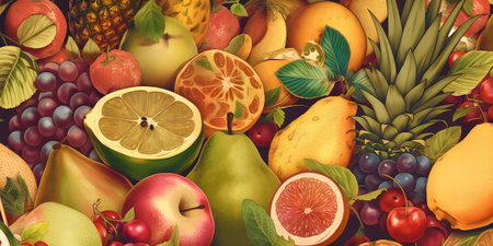 Fruits and vegetables background. Colorful fruits and vegetables background.の写真素材
