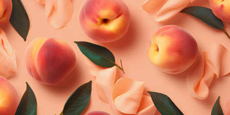 Creative layout made of fresh peaches and leaves on pastel pink background. Flat lay, top view minimal summer concept.の写真素材