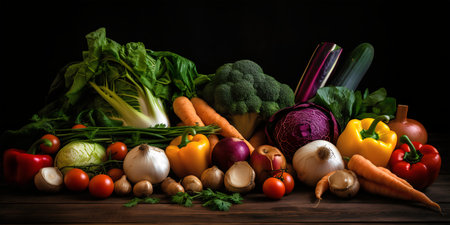 Variety of fresh organic vegetables on wooden table. Healthy food background.の写真素材