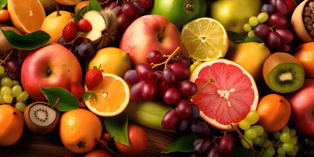 Fruit background. Healthy food concept. Top view, flat layの写真素材
