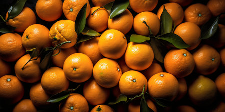 Fresh tangerines with leaves close up. Tangerine backgroundの写真素材