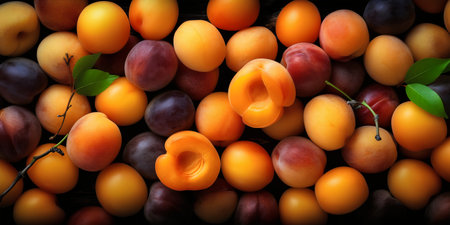 Ripe apricots on a wooden table. Top view.の写真素材