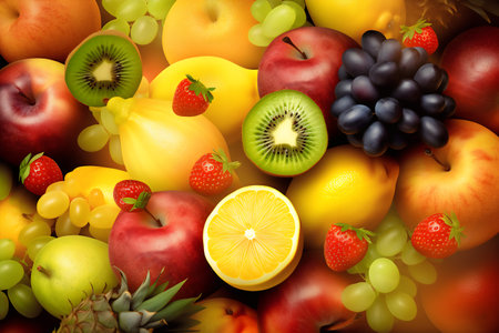 Fruit background. Fruits of different shapes and colors. Top view.の写真素材