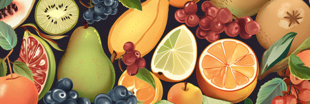 Fruits and berries background. Vector illustration of fruits and berries.の写真素材
