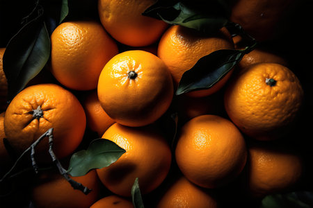 Ripe tangerines with leaves on a dark background. Toned.の写真素材