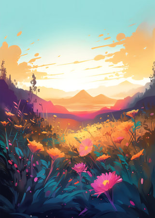 Beautiful meadow with flowers and mountains at sunset. Vector illustration.の写真素材