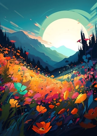 Landscape with flowers and mountains. Digital painting. Vector illustration.の写真素材