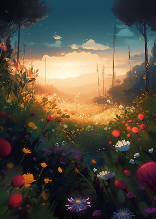 Beautiful summer meadow with colorful flowers. Digital painting illustration.の写真素材