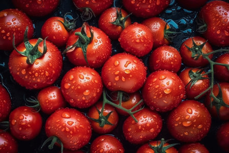 Fresh red tomatoes with water drops on black background. Top view.の写真素材