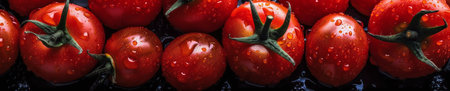 Tomatoes with water drops on a black background. Top view.の写真素材