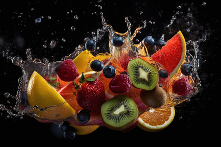 Falling fruits on a black background with splashes of juice.の写真素材