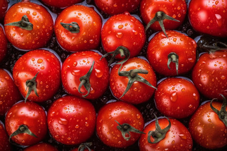 Close-up of fresh tomatoes with water drops on black background.の写真素材