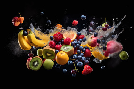 Fruit mix with water splash on black background. Healthy food concept.の写真素材